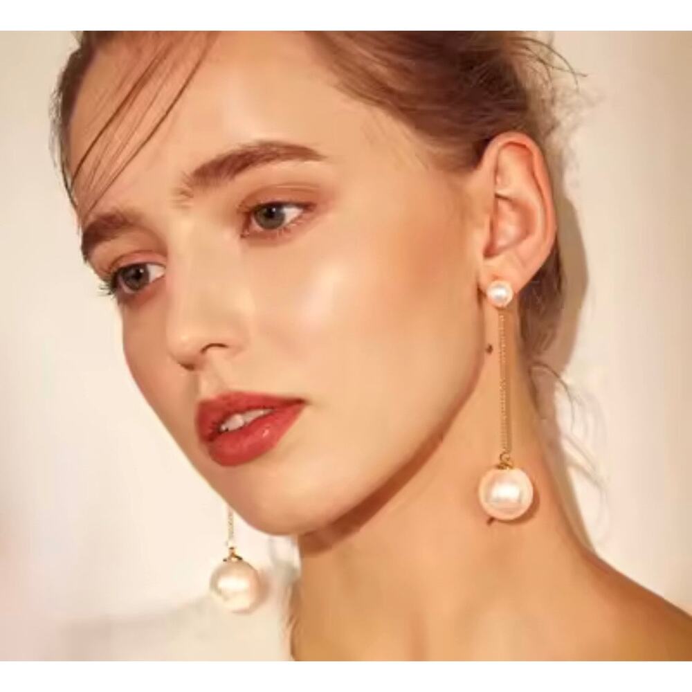 Clip on 3 3/4" xlong gold chain two pearl dangle earrings